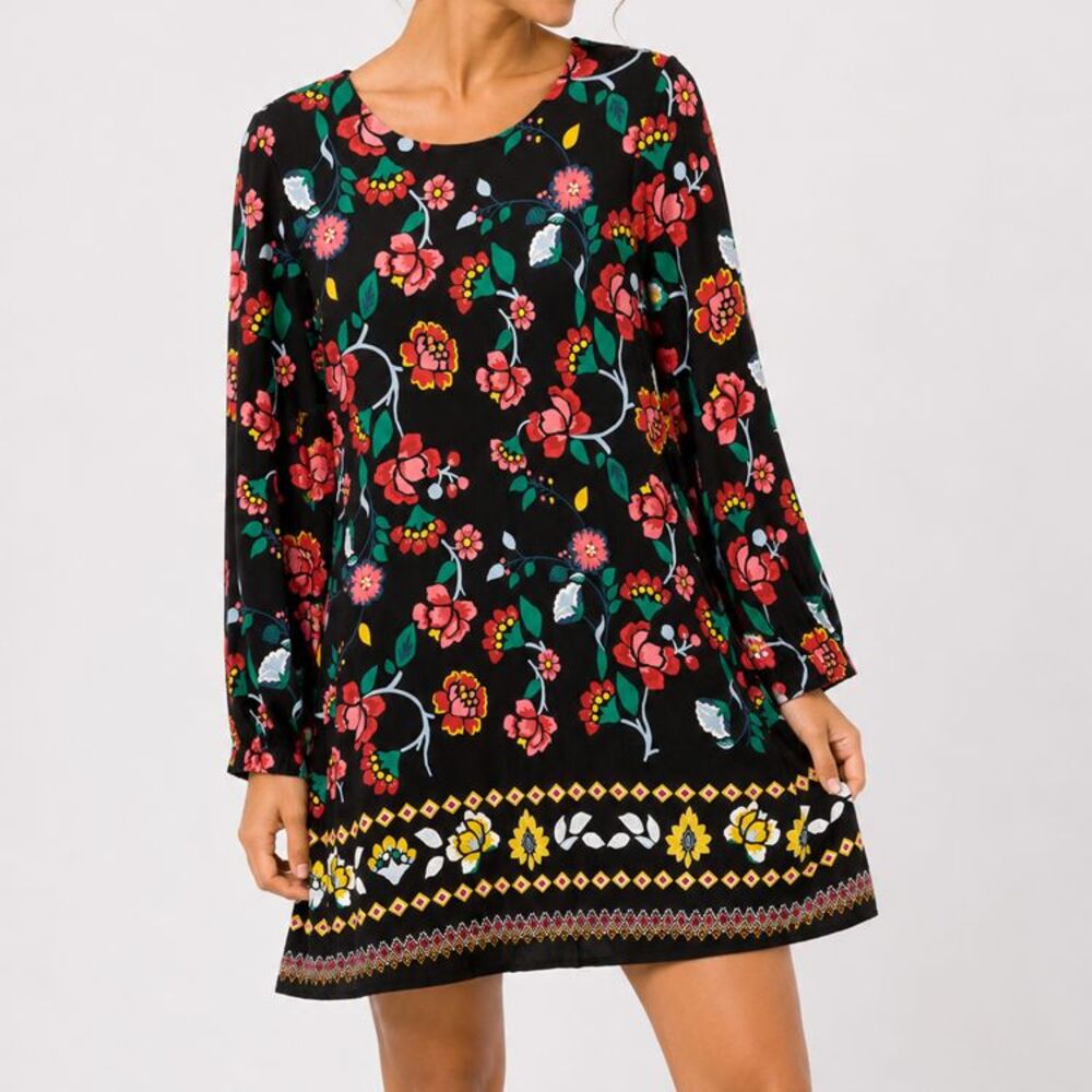 LOFT Black Floral Boho Shift Dress Border Print Long Sleeve Size M